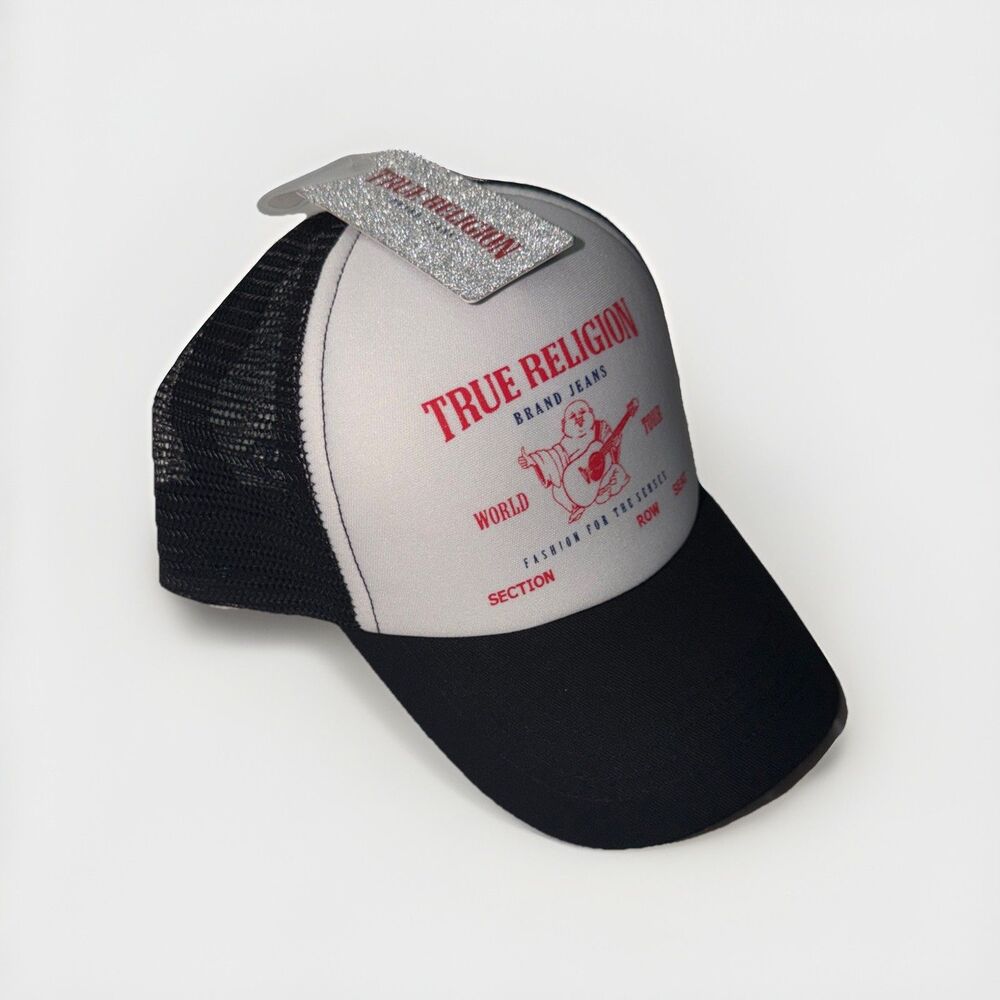 True Religion Womens World Tour Buddha Trucker Hat Black White
